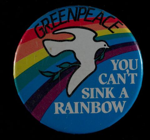 Badge, ’Greenpeace’, circa 1985, New Zealand, by Greenpeace. Gift of Ken Thomas, 2008. Te Papa (GH011822)