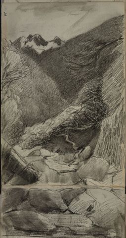 Petrus van der Velden (1837-1913), Otira Gorge, pencil on paper, Gift of W. Fergusson Hogg, 1967 (1967-0017-6/14-15) 