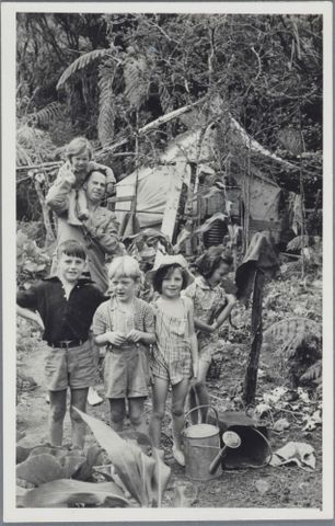 Lee-Johnson family at Piha, 1946-1948, North Island, by Eric Lee-Johnson. Purchased 1997 with New Zealand Lottery Grants Board funds. Te Papa (O.011081)