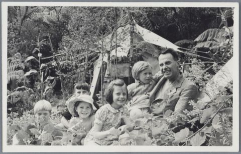 Lee-Johnson family at Piha, 1946-1948, North Island, by Eric Lee-Johnson. Purchased 1997 with New Zealand Lottery Grants Board funds. Te Papa (O.011091)