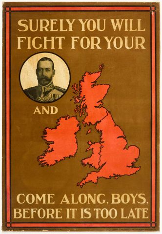 Poster, ’Surely you will fight’, 1915, United Kingdom, by Parliamentary Recruiting Committee, Jas. Truscott & Son Ltd.. Gift of Department of Defence, 1919. Te Papa (GH016384)