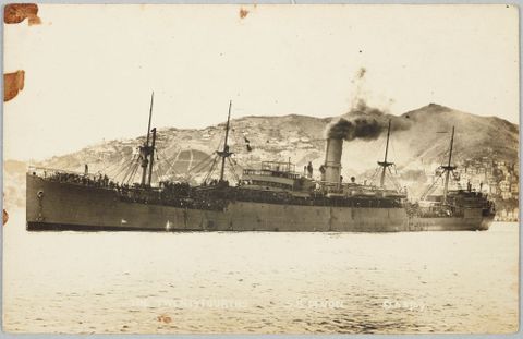 The troopship Devon carrying the 24th Reinforcements, 1917, by David Aldersley, PS.002977. Te Papa.