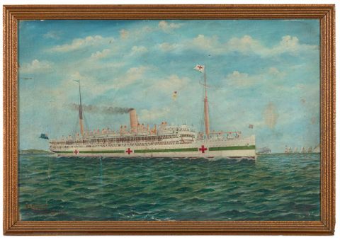 Marama, NZ hospital ship off the Needles, Isle of Wight, English Channel, 1918, by Frank Barnes. Gift of C J Gollins, date unknown. Te Papa (1992-0035-1933)
