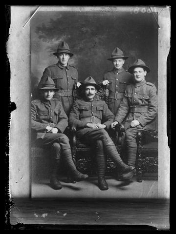 Copy of a portrait of five unidentified soldiers inscribed Sturmer 6, 1916-1920, Wellington. Berry & Co. Purchased 1998 with New Zealand Lottery Grants Board funds. Te Papa