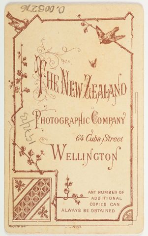 Back of a photograph featuring birds and the text The New Zealand Photographic Company 64 Cuba St Wellington