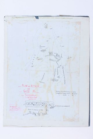 Plan of attack on Gate Pa, Tauranga, c1890. Walmsley, William. Te Papa