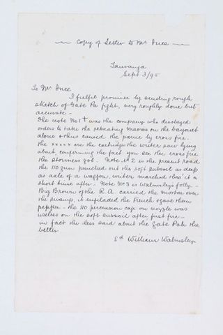 Copy of letter to Mr Ince from William Walmsley relating to sketch of Gate Pa fight, 03.09.1895. Walmsley, William. Te Papa