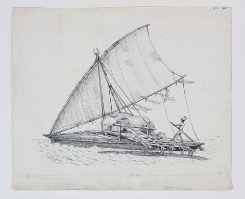 Sketch of Fijian outrigger canoe with lateen sail, date not given. Richardson, Ethel. Te Papa