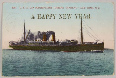 Postcard, USS Co Maheno, 3 January 1909, Dunedin, by Muir & Moodie studio. Purchased 2009. Te Papa (PH000709/43)