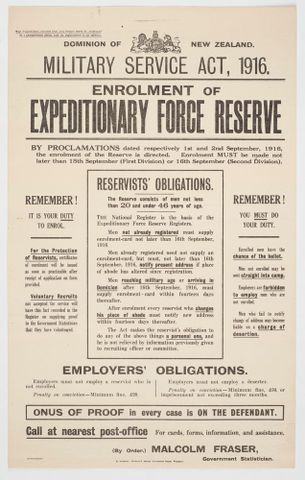 Poster detailing enrolment procedure for Expeditionary Force Reserve, 1916, GH017655. Te Papa