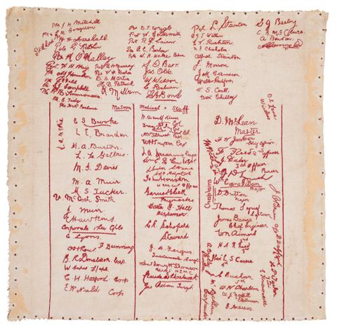 Linen cloth, embroidered with the names of medical staff, nurses and crew of H.M. New Zealand Hospital Ship ’Maheno’ on her first voyage, July-August 1915, by various. Gift of Wellington Returned & Services Association, 2014. Te Papa (GH017818)