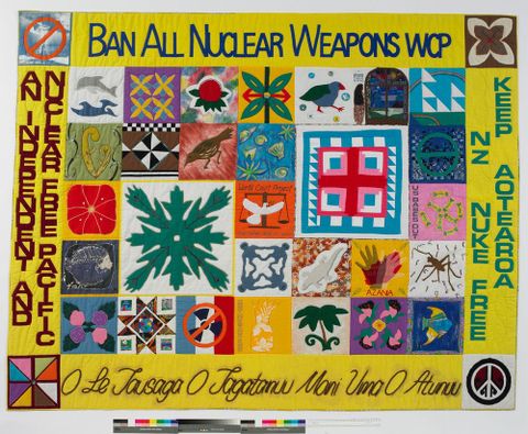 ’Nuclear-Free Quilt’, 1994, Auckland, by Joanne Bains, Pacific Island women. Purchased 1998 with New Zealand Lottery Grants Board funds. Te Papa (GH007076)