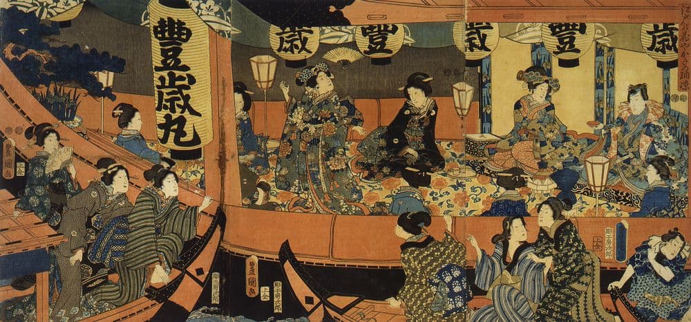 水彩画 BEN VENUE 1833 Yoshiwara courtesans entertaining a male client in a pleasure boat